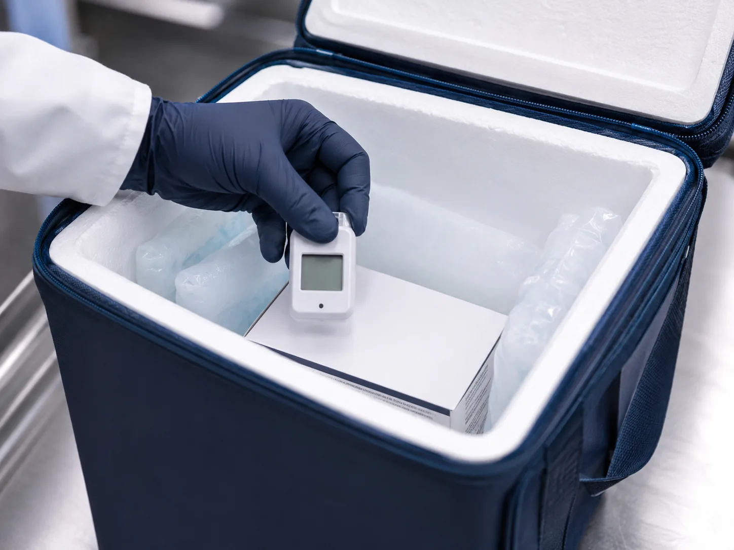 Close-up of a gloved hand placing a small digital temperature logger into an insulated pharmaceutical shipping cooler with gel ice packs and a sealed product box inside.