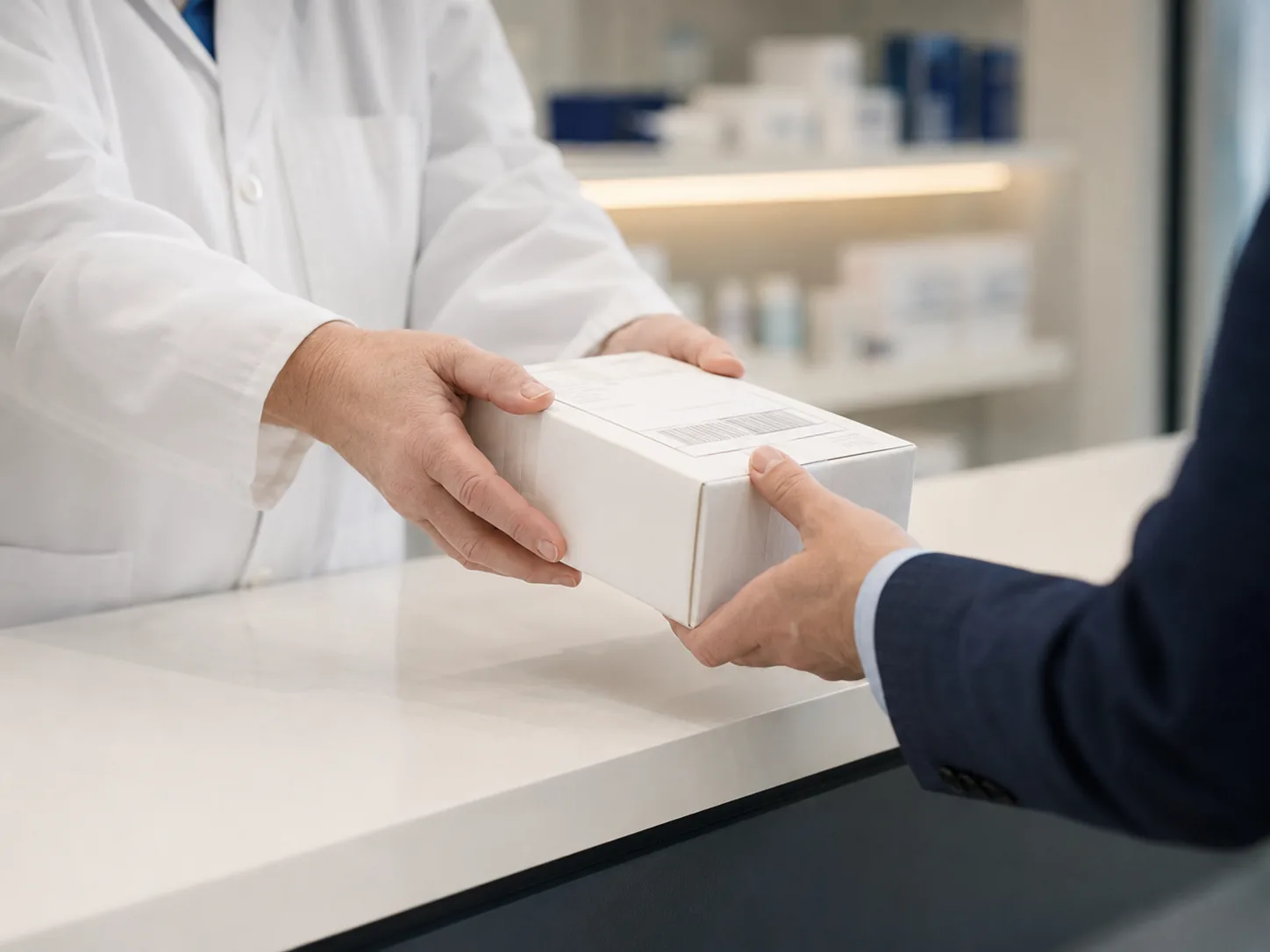 Close-up of two pairs of hands at a clean counter, one in a white pharmacy coat and one in business attire, passing a sealed white pharmacy box across the surface.