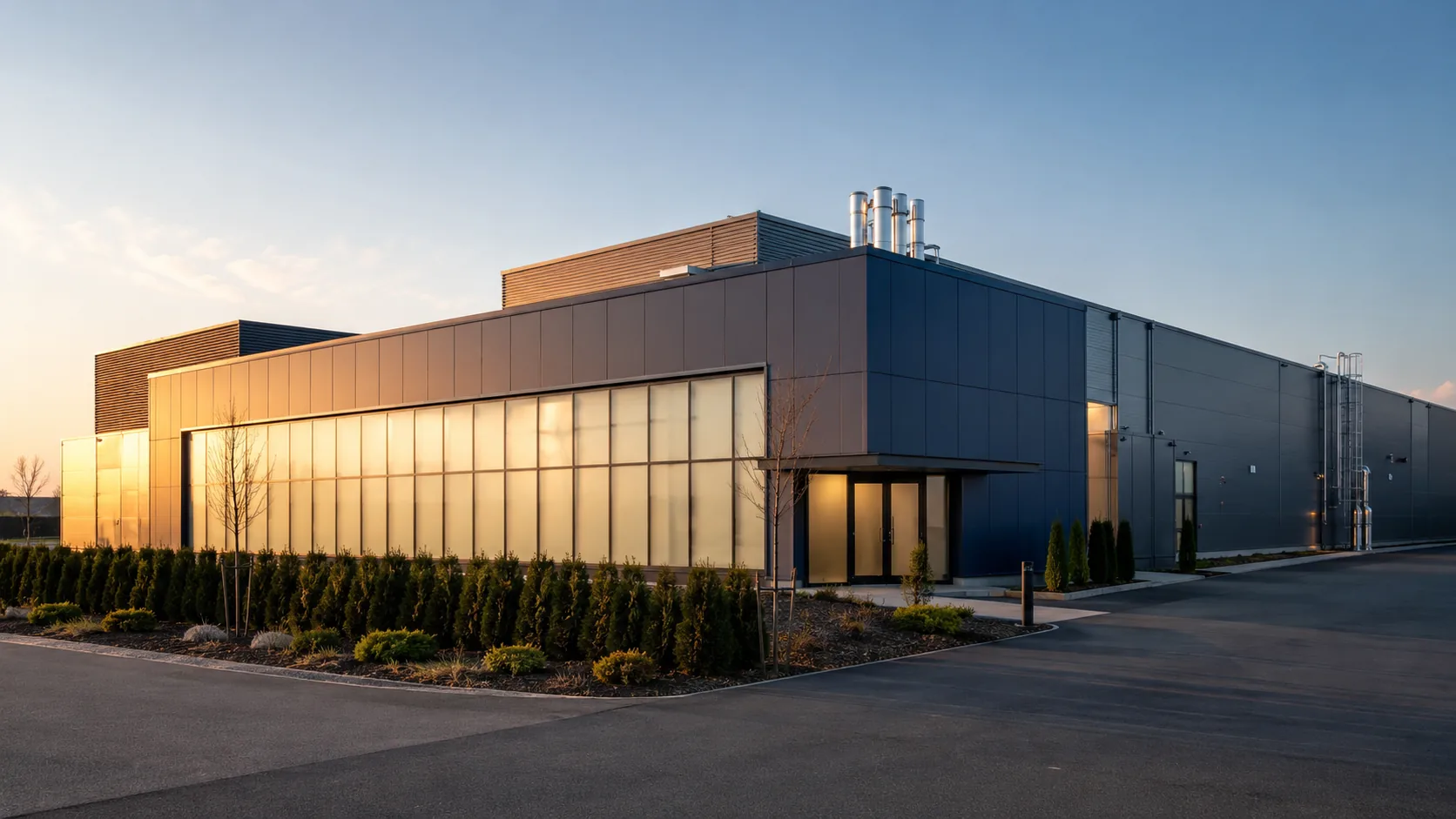Exterior of the VictoGen Pharma pharmaceutical manufacturing facility at golden hour