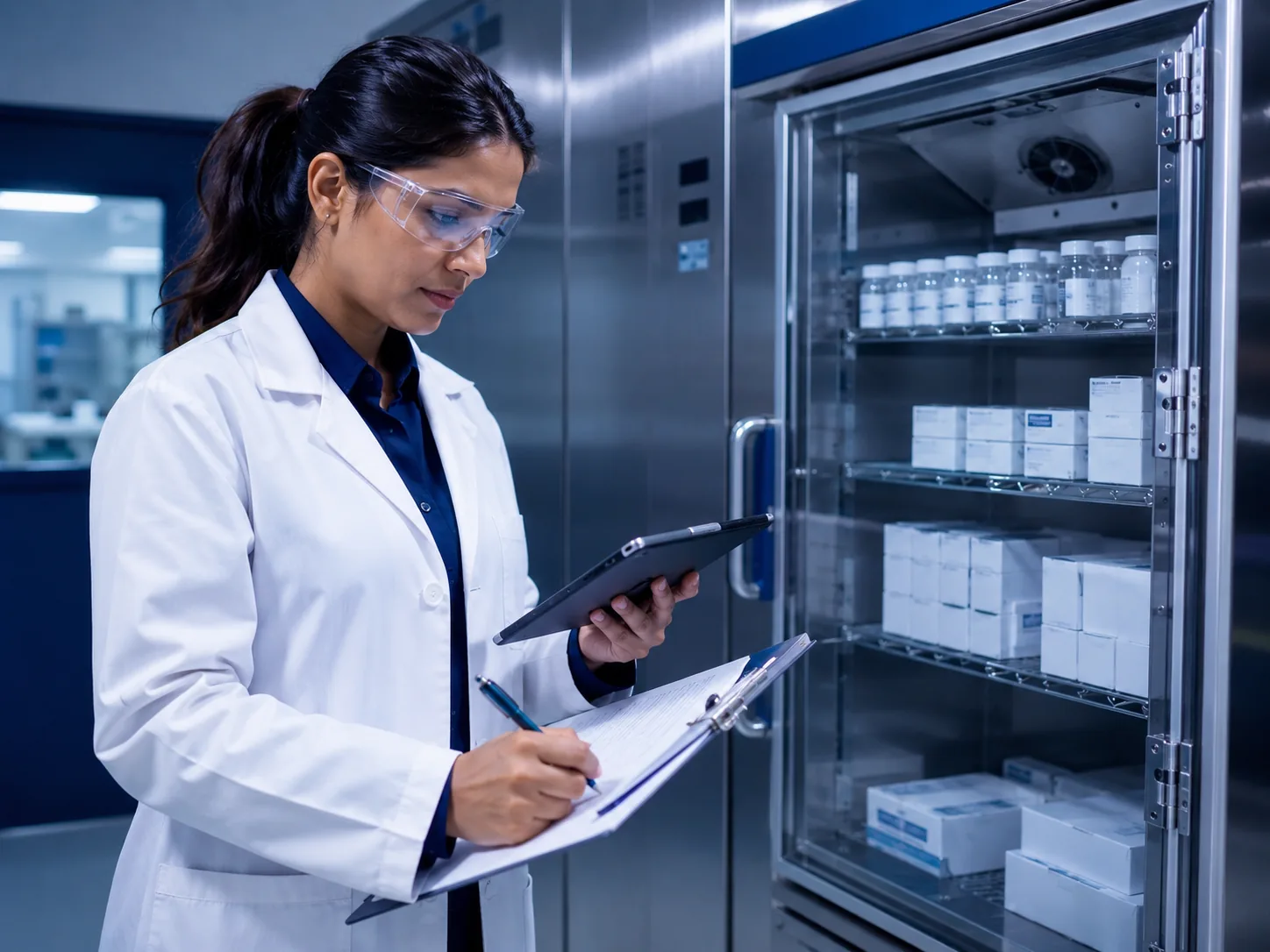 Quality analyst in a lab coat and safety glasses reviewing stability data on a tablet next to a stability chamber, writing notes on a clipboard.