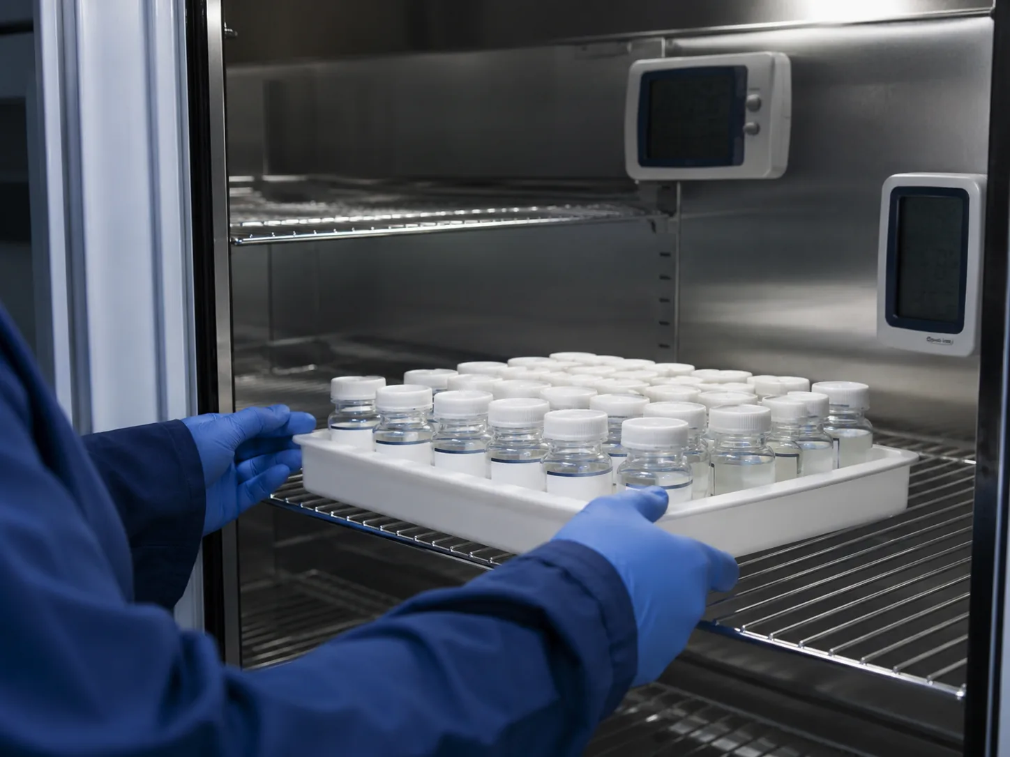 Gloved hands placing a tray of clear sample jars onto a wire shelf inside a stability chamber, with digital temperature and humidity displays.