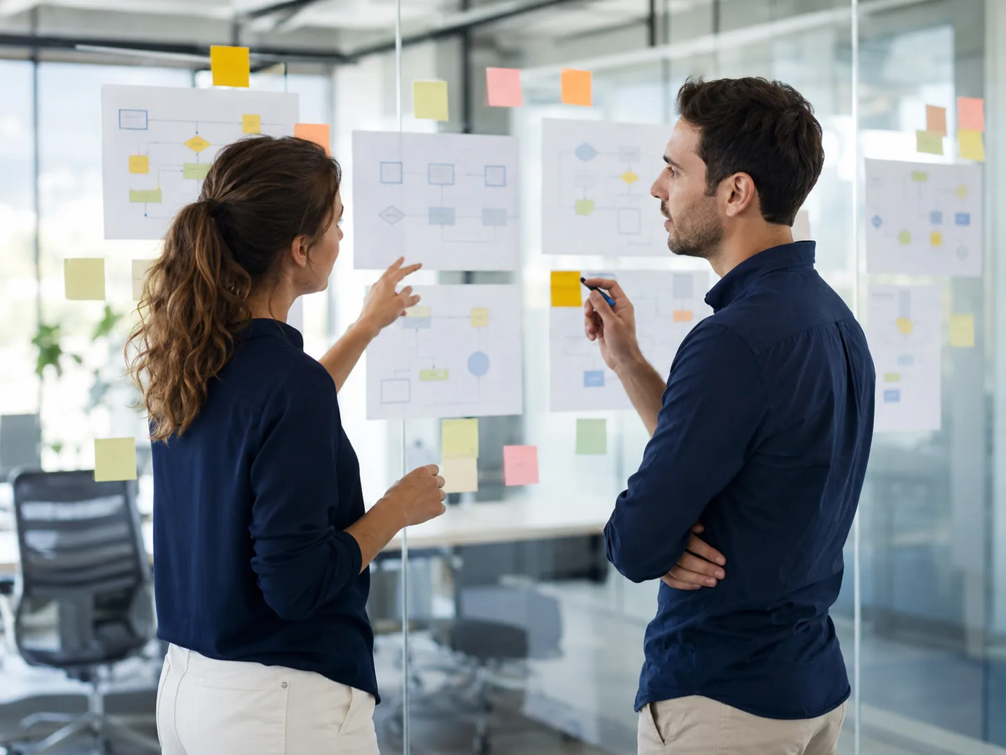 Two professionals in business-casual attire standing in front of a glass wall covered with printed process flow charts and yellow sticky notes, discussing.