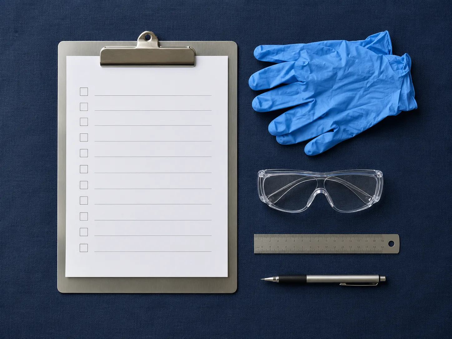 Top-down flat-lay on navy linen: a stainless steel clipboard with a blank checklist, a pair of blue nitrile gloves, clear safety glasses, a steel ruler, and a fine-tip pen.