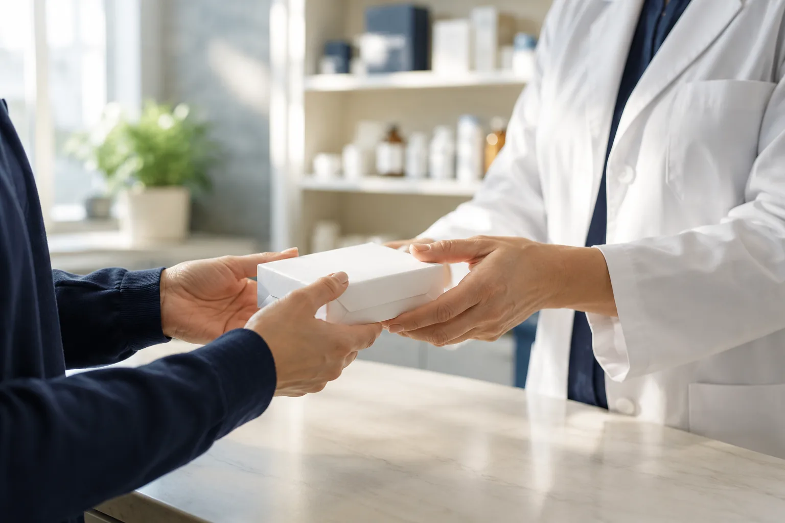 Pharmacist handing a prepared medication package to a patient