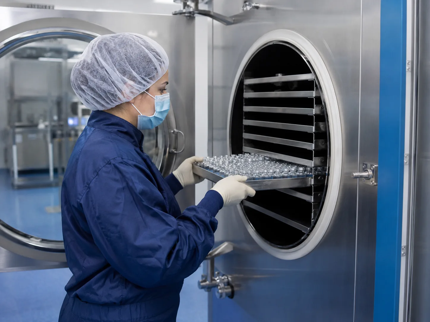 Gowned operator in sterile PPE loading a tray of glass vials into the open lyophilizer chamber.