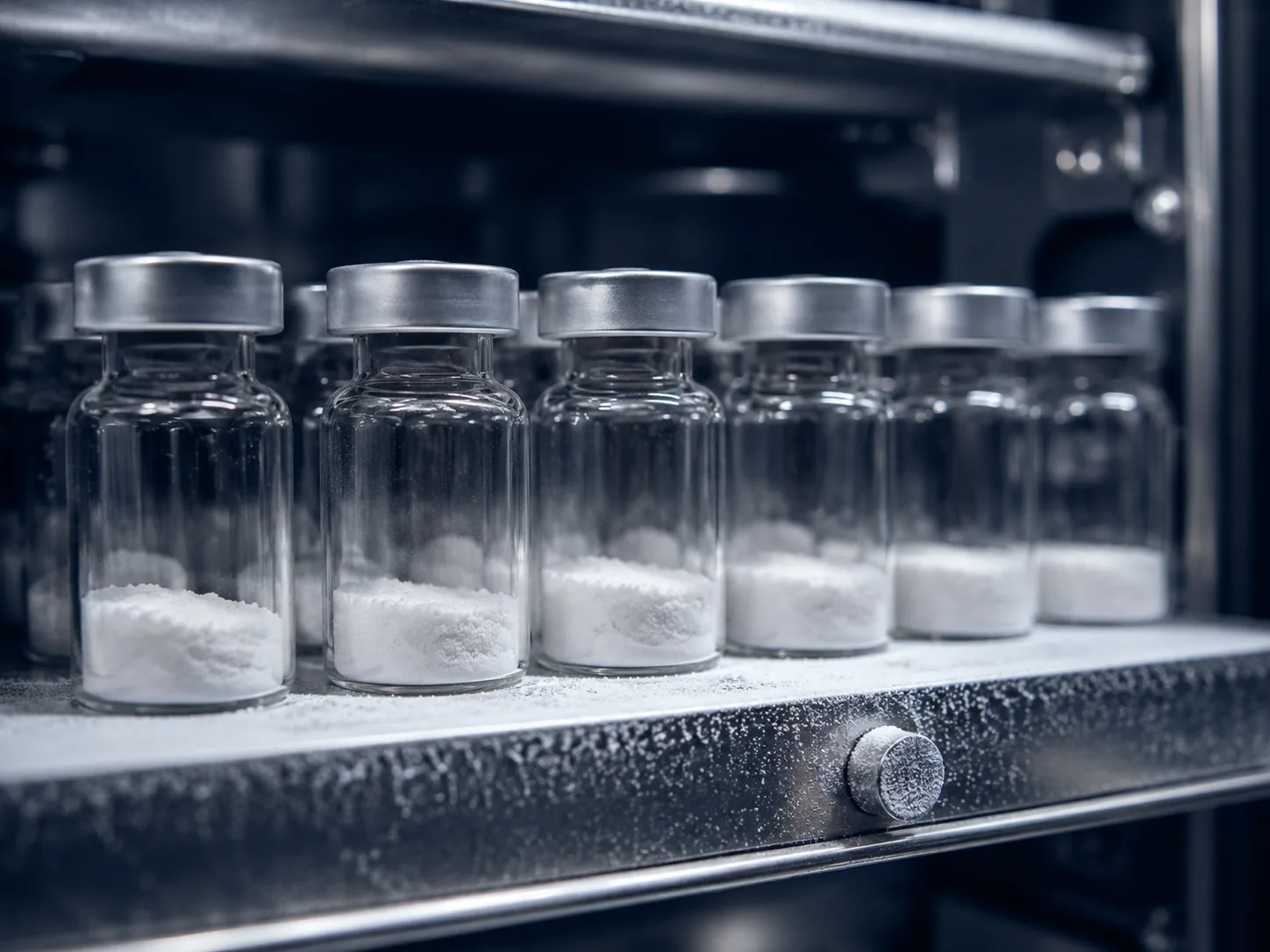Rows of glass pharmaceutical vials with white lyophilized product cake, sitting on a stainless steel lyophilizer shelf.