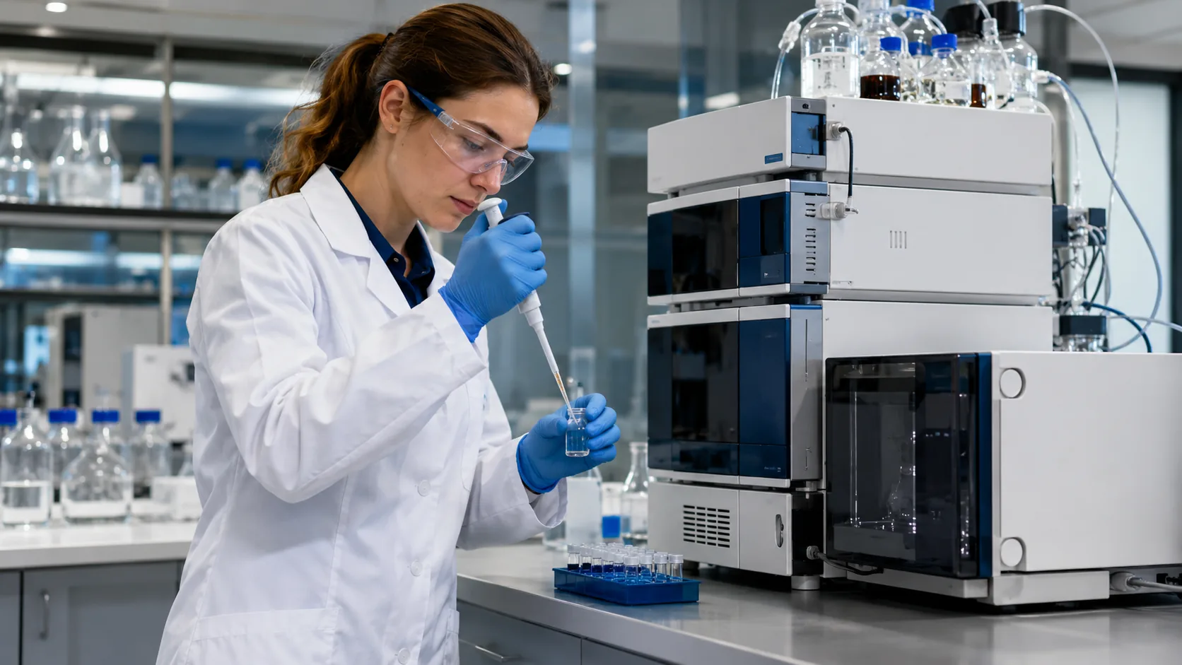 VictoGen Pharma quality analyst performing HPLC sample preparation