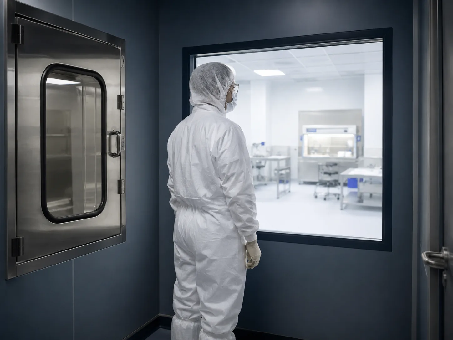 Pharmacist in full sterile gowning looking through the cleanroom viewing window beside a stainless steel pass-through chamber.