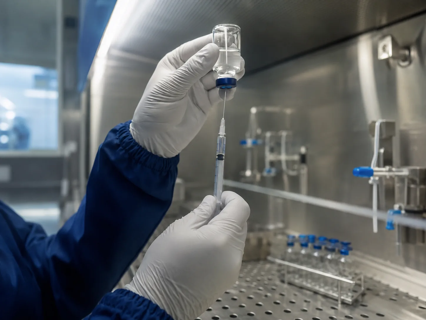 Sterile compounding under a laminar airflow hood, drawing liquid into a syringe from a glass vial.