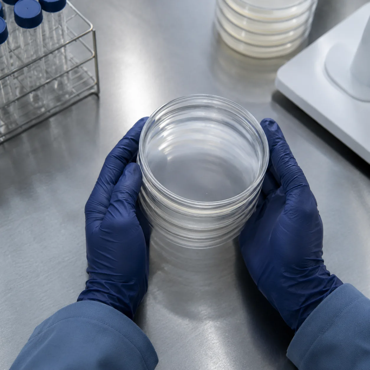Sterility test plates being inspected in the QC lab